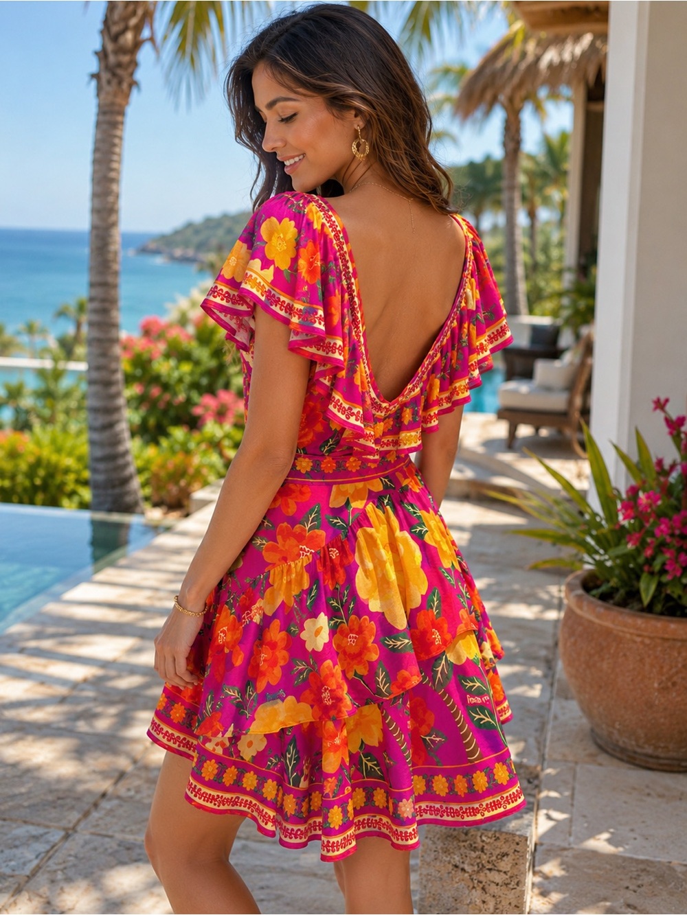 Farm Rio Floral Off Shoulder Belted Ruffle Mini Dress Pink Orange S